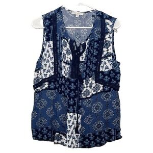 Pale Sky Sleeveless Top Women Medium Blue Floral Patchwork Embroidered Boho
